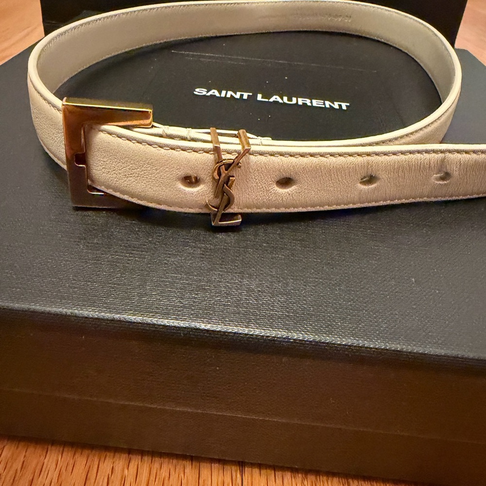 Saint Laurent Off-White Leather Belt with Gold Buckle